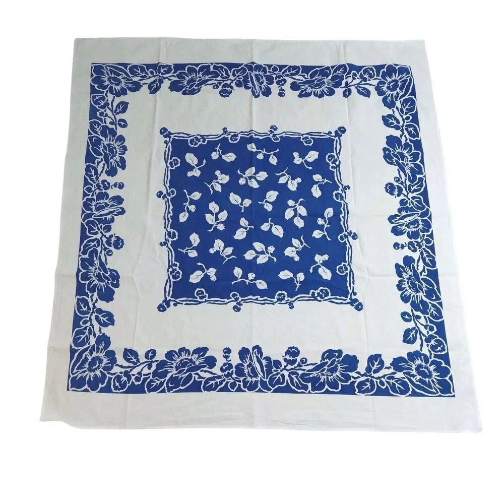 Vtg Blue White Floral Table Cloth Square Bridge Table 1950's 44x46